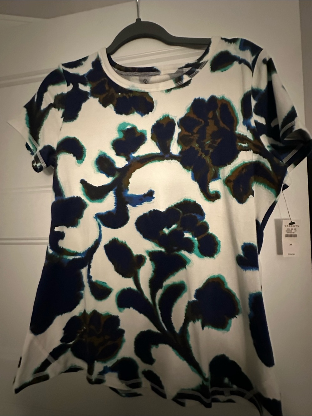 Talbots T by Talbots White Short-Sleeve Tee with Navy and Teal Floral Pattern